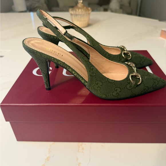 GUCCI SLINGBACK PUMP HORSEBIT GREEN CANVAS 38 - Picture 8 of 15
